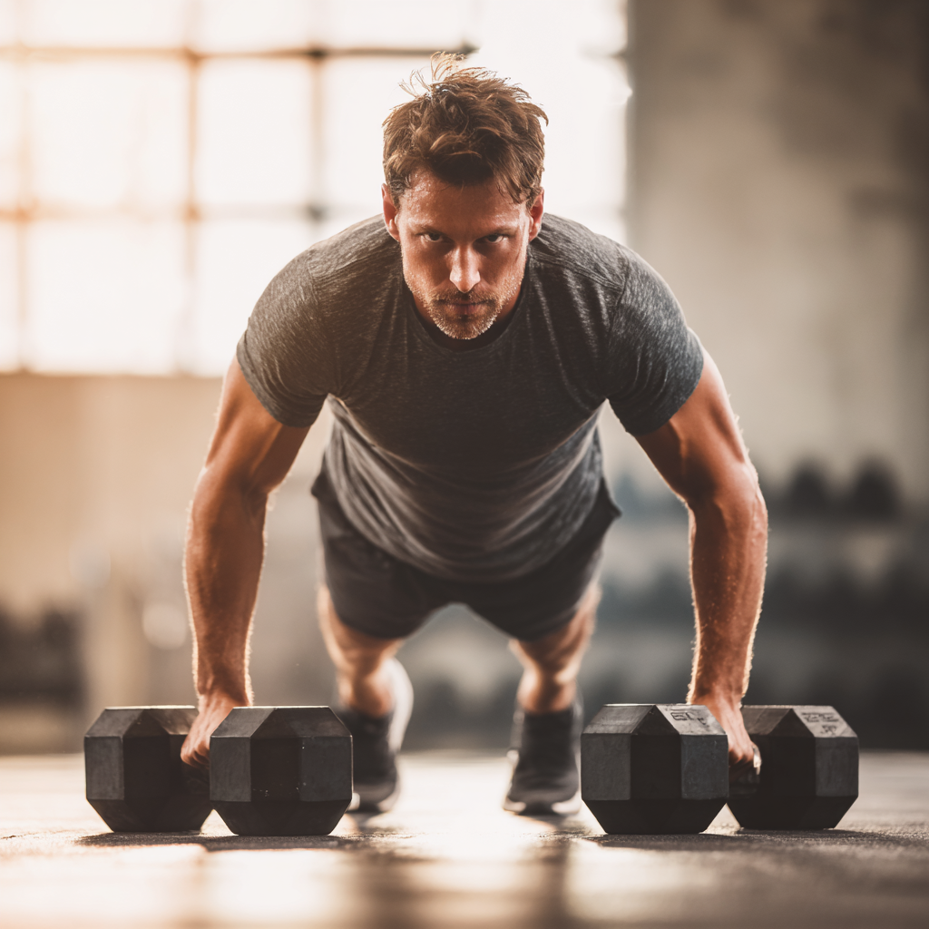 Athletic man doing workout exercises in modern gym, showing physical strength and dedication